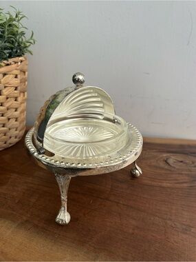 Vintage Silver Plate Footed Roll Top Dome Caviar/Glass Butter Dish England